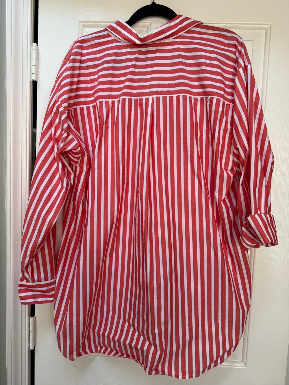 LOFT Red and White Vertical Stripe Button-Down Shirt - Picture 2 of 4